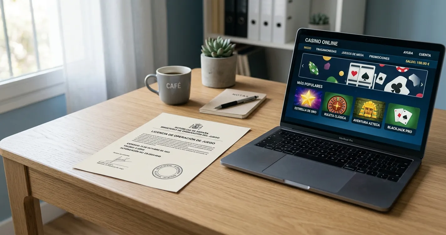 Mejores casinos sin licencia en España 2026 vistos desde una mesa de trabajo con documento de licencia y portátil