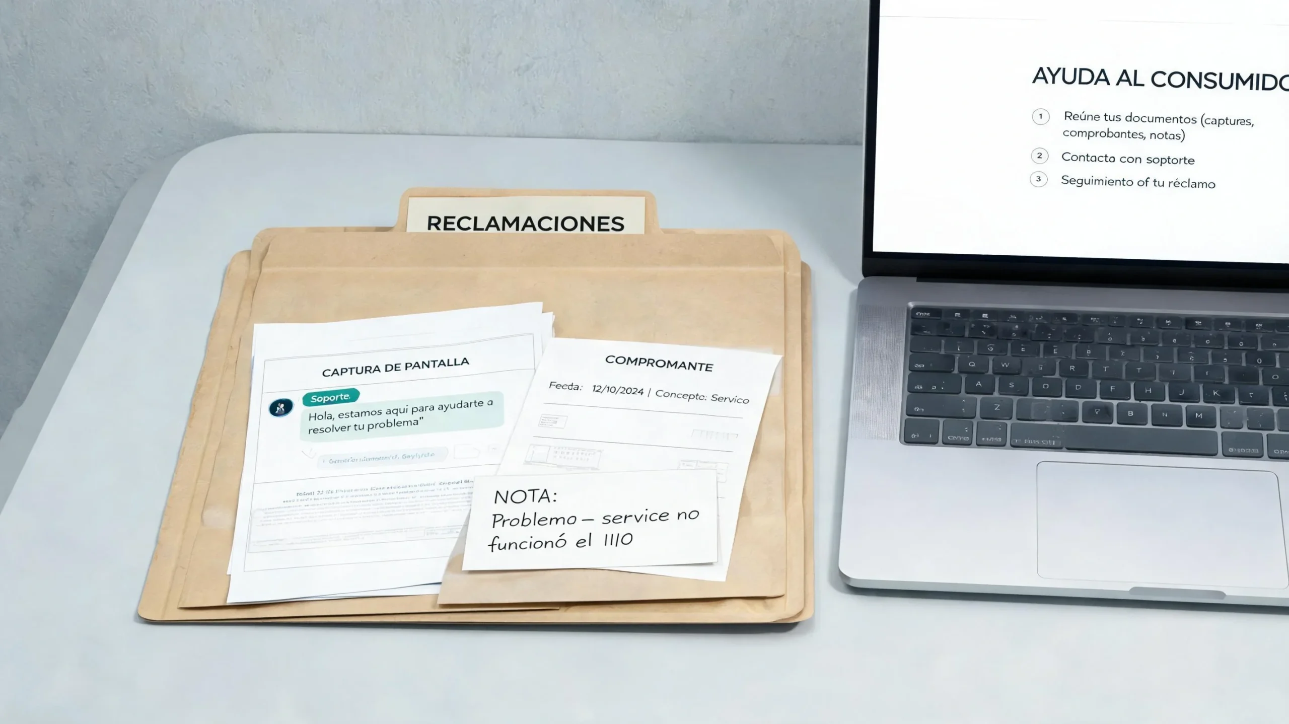 Carpeta organizada con capturas, recibos y notas para documentar un problema de juego online
