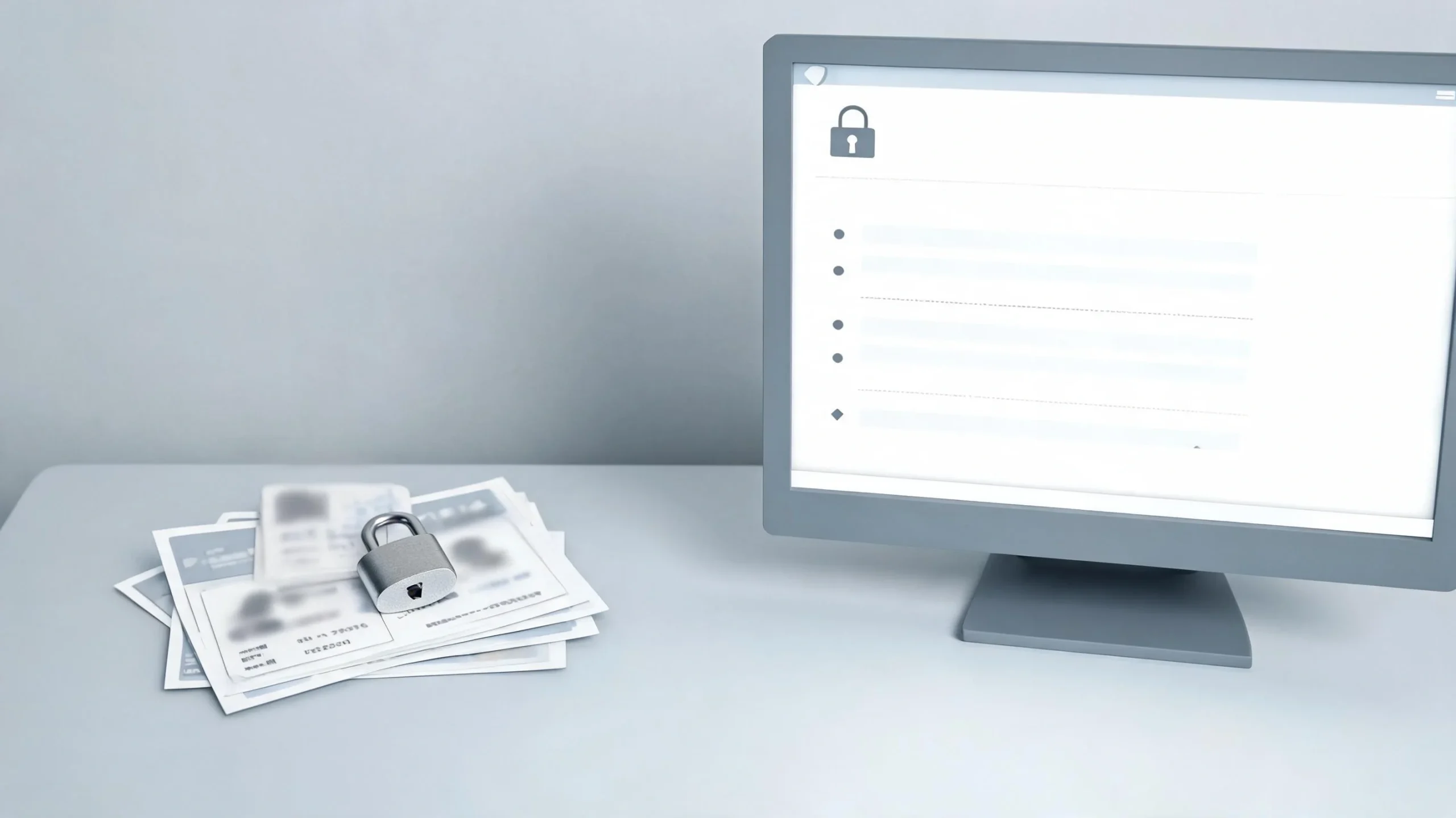 Documentos personales protegidos junto a un ordenador con una lista de seguridad